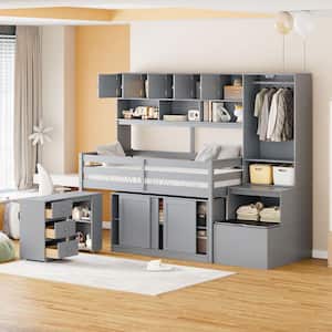 Gray Wood Frame Twin Size Loft Bed with Drawers, Wardrobe, Under-bed Desk with wheels, Storage Steps, Shelves
