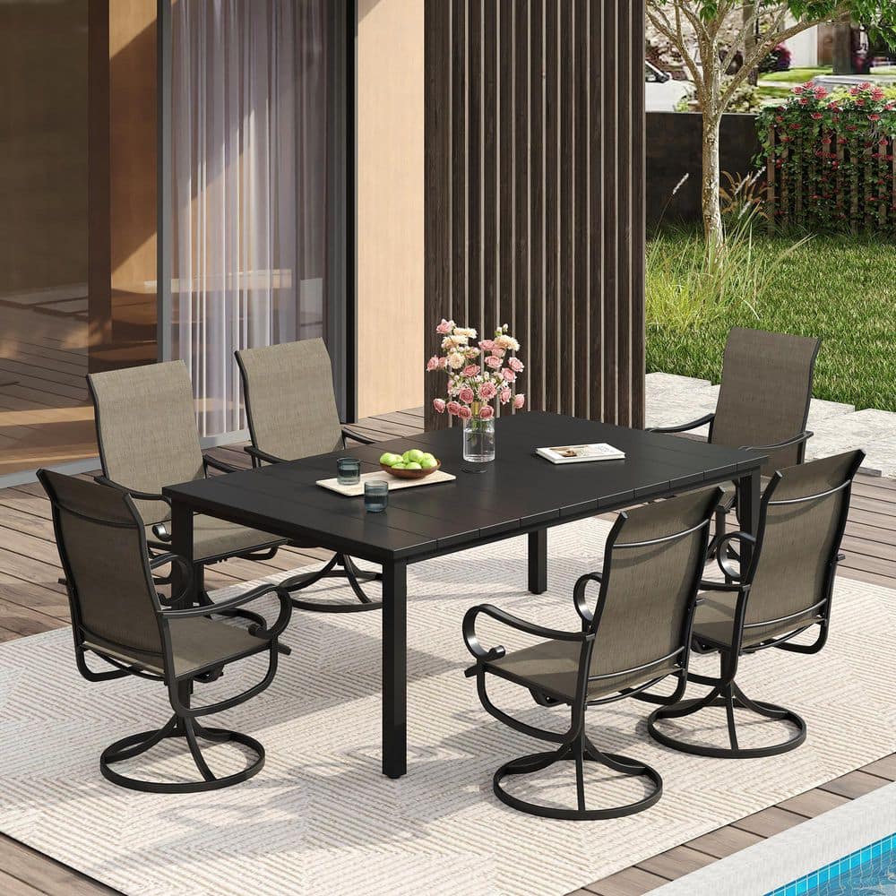 7-Piece Patio Dining Set with 63 in. x 37.8 in. Black Metal Rectangular Table and 6-Brown Textilene Swivel Chairs price history on PriceWatchPro