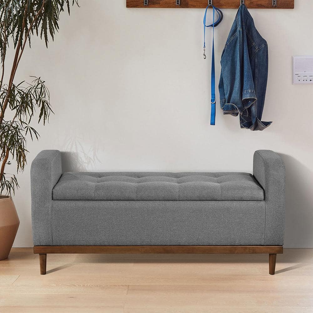Gray Fabric Lift Top Storage Bench with Walnut Wood Frame