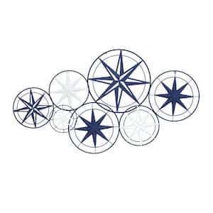 48 in.x  26 in. Metal Blue Indoor Outdoor Cutout Compass Star Wall Decor w/Overlapping Circular Frames and White Accents