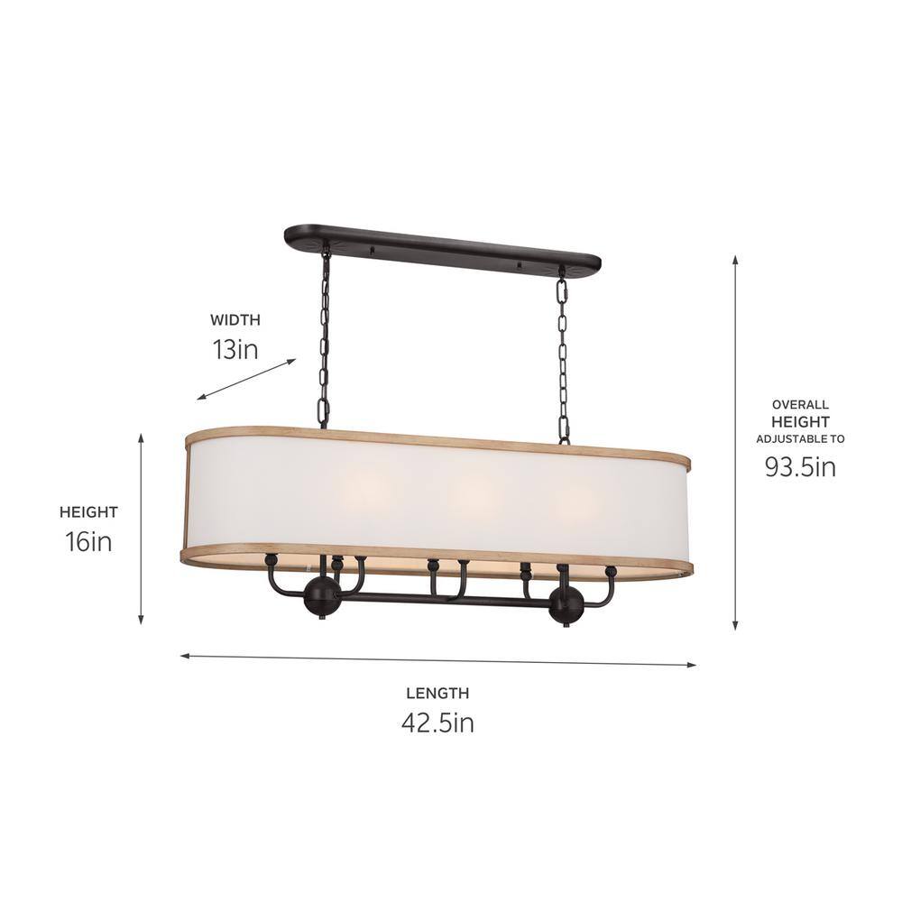 Anvil Iron and Beech Wood 8-Light Linear Chandelier with White Fabric Shade