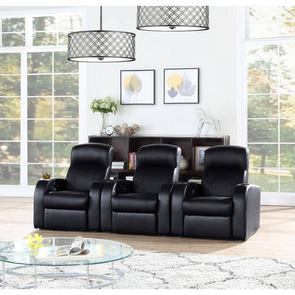 Cyrus Black Leather Manual Reclining Sofa with Cup Holders