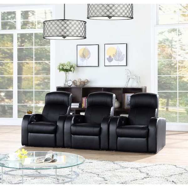 Cyrus 98 in. W 3-piece Leatherette Sectional Sofa in Black with Cup Holders