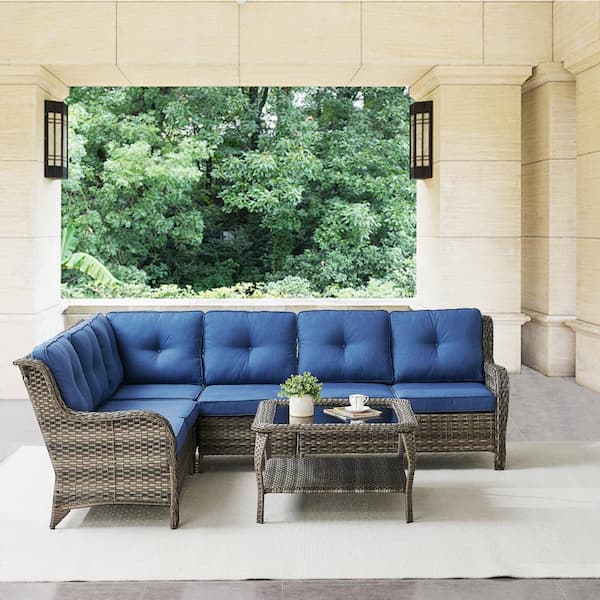 Gymojoy Carolina 5-Piece Gray Wicker Outdoor Patio Sectional Sofa Set with Blue Cushions and Coffee Table