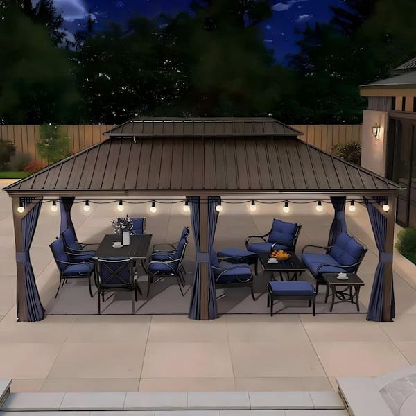12 ft.x 20 ft.Bronze Patio Outdoor Gazebo for Backyard Hardtop Aluminum Frame with Hooks,Netting ,Blue Curtain,24 Lights