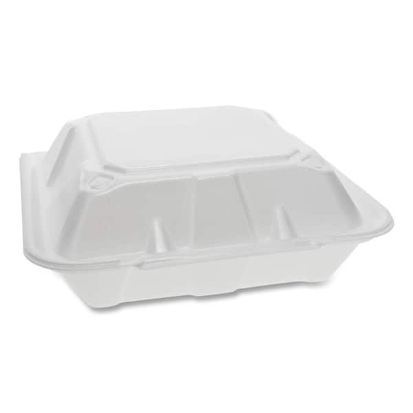 Pactiv 9.13 in. x 9 in. x 3.25 in. White Dual Tab Lock 3-Compartment Foam Hinged Lid Containers (150-Carton)