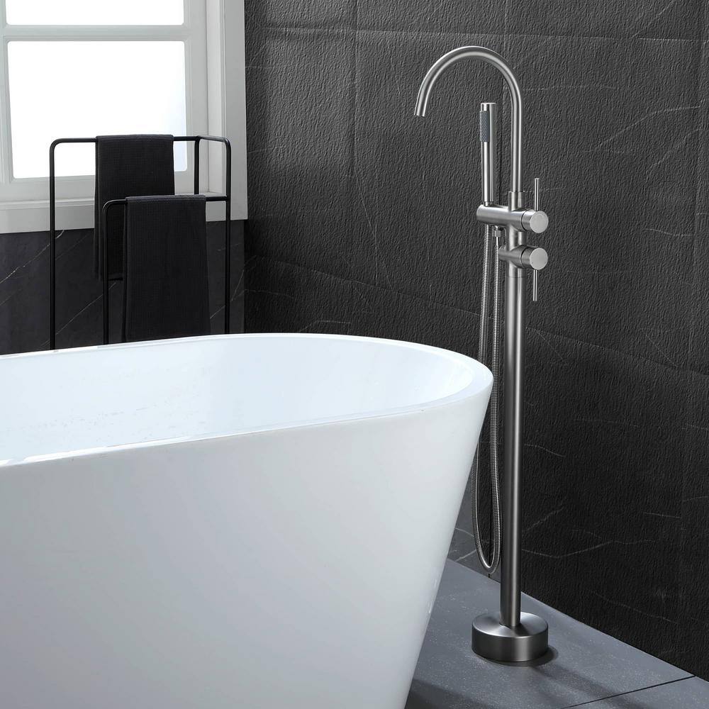 Brushed Nickel Double Handle Freestanding Tub Faucet with Hand Shower