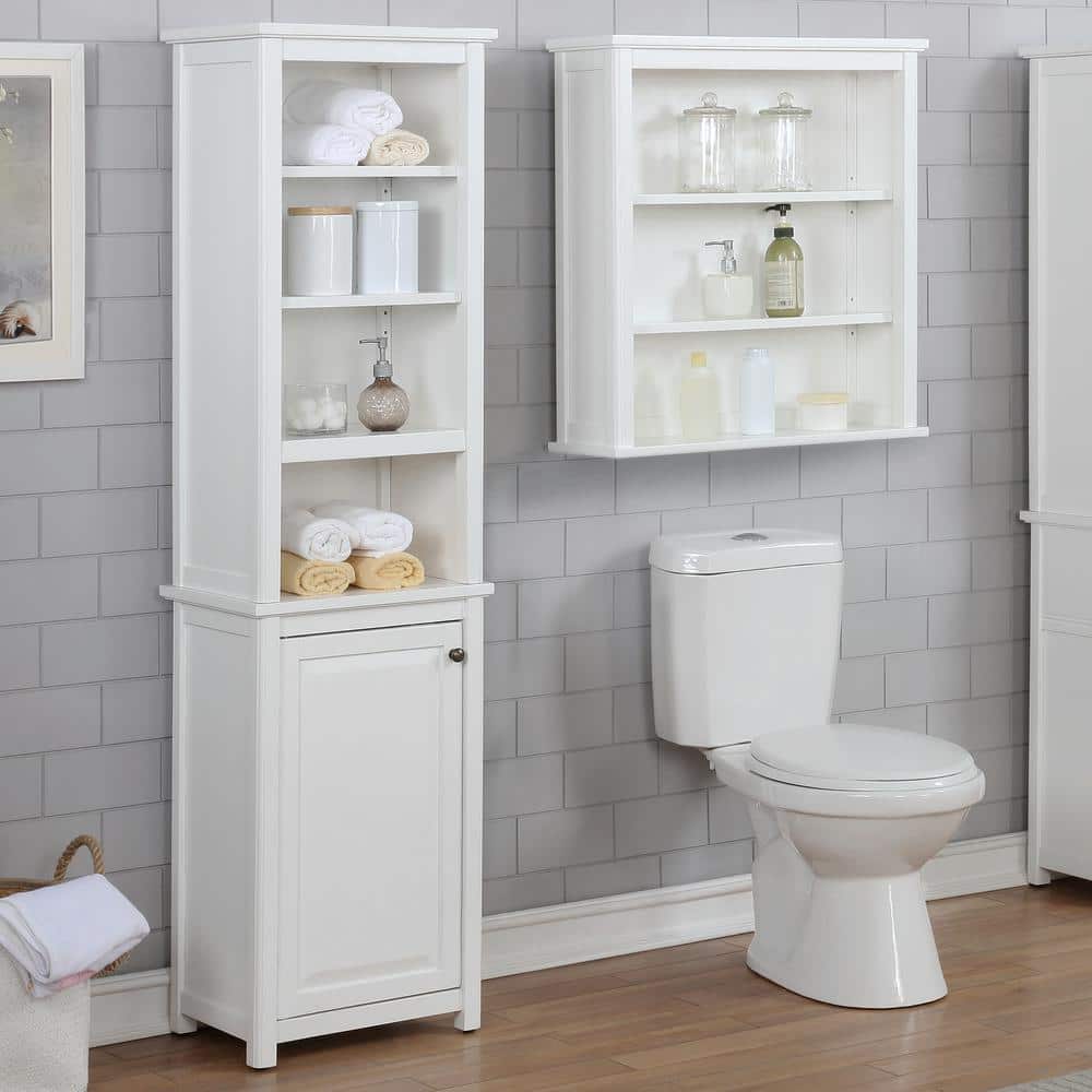 Adjustable White Wood Storage Tower with Doors