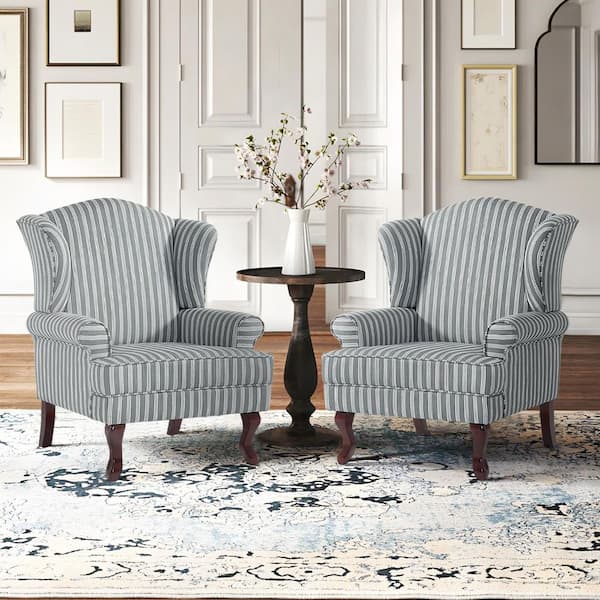 Uixe Stripe Gray Linen Wood Legs Upholstered Accent Arm Chair with