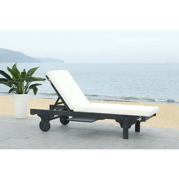 Newport Black 1-Piece Wood Outdoor Chaise Lounge Chair with White Cushion