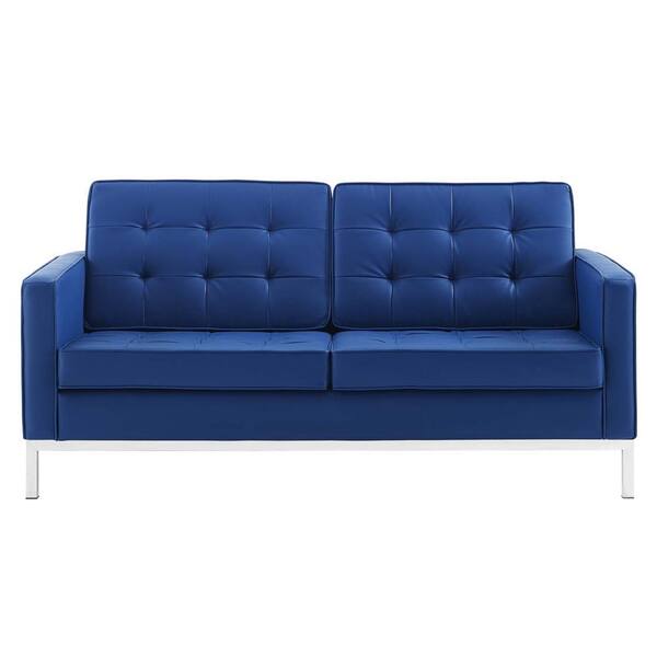 MODWAY Loft 63 in. Navy Button Tufted Faux Leather 2-Seater Loveseat with Square Arms