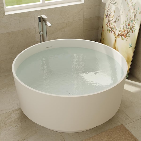 Round 49 in x 49 in Solid Surface Freestanding Soaking Bathtub in Matte White