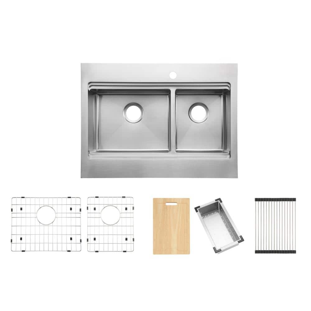 Blanchard 33'' Satin Stainless Steel Double Bowl Workstation Sink
