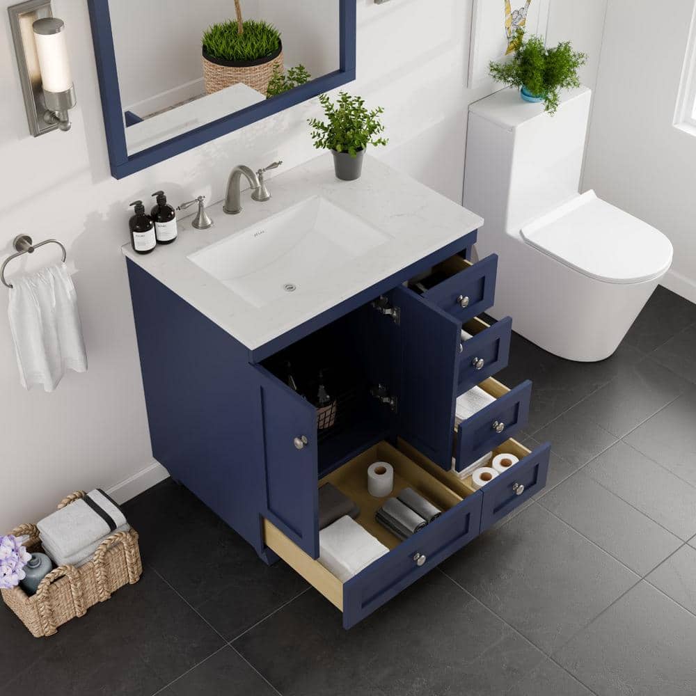 Blue Solid Wood 30" Bathroom Vanity with Carrara Quartz Top