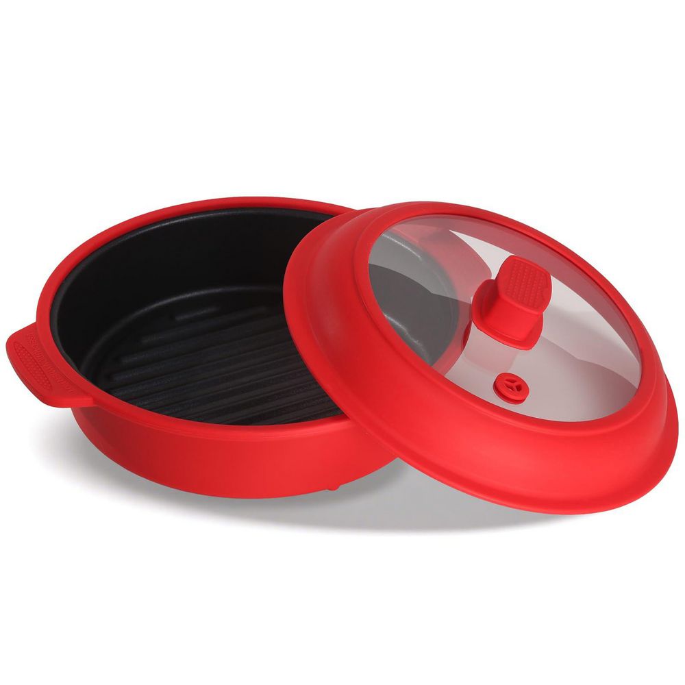 Red Silicone Non-Stick Microwave Cookware with Lid, Fry Griddle Microwave Grill Pan for Meat Sandwich Vegetable Grilling