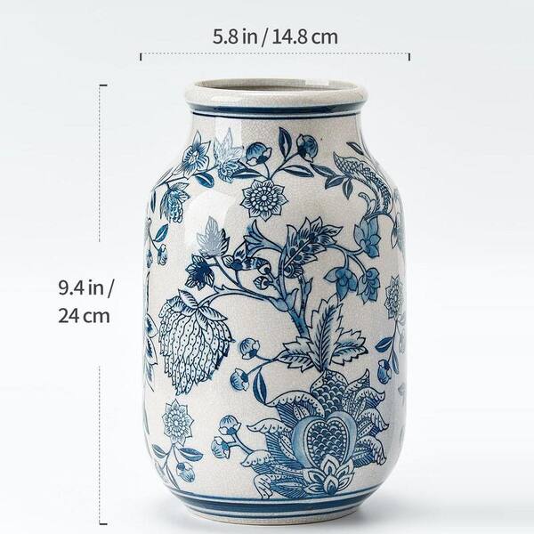 9.4 in. Ceramic Chinoiserie Floral Vase, Retro Ice Cracked Blue