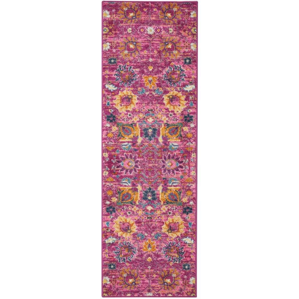 Fuchsia Floral Geometric Synthetic Runner Rug 1'10" x 6'