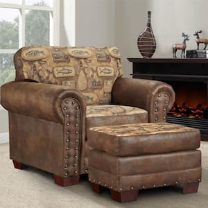 River Bend Series Tapestry and Pinto Brown Microfiber Arm Chair and Ottoman Set of 1 with Nail Head Accents