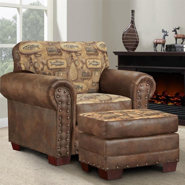 American Furniture Classics River Bend Series Tapestry and Pinto Brown Microfiber Arm Chair and Ottoman Set of 1 with Nail Head Accents