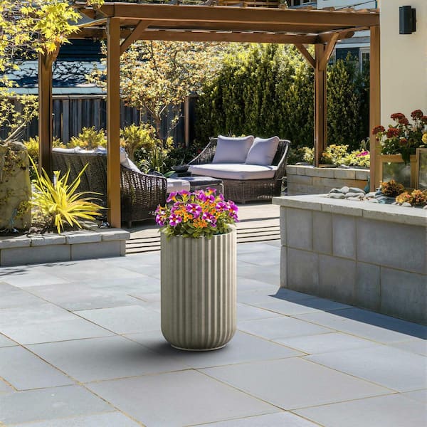 14 in. Large Light Gray (Enhanced Interior) Concrete Round Planter/Pot with Drainage Holes and Vertical Ribbed Texture