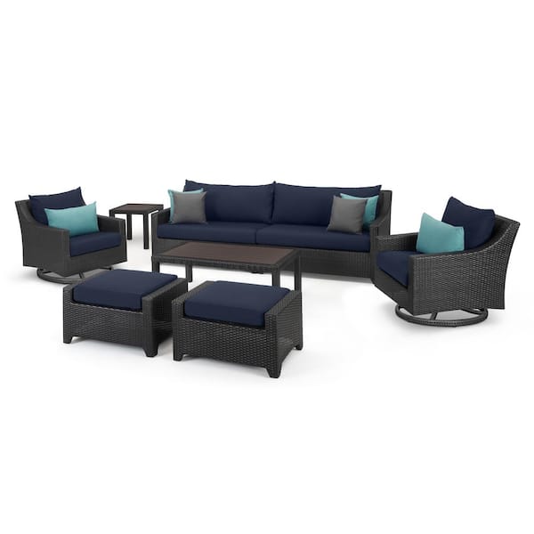 RST BRANDS Deco 8-Piece Wicker Motion Patio Conversation Deep Seating Set with Blue Cushions