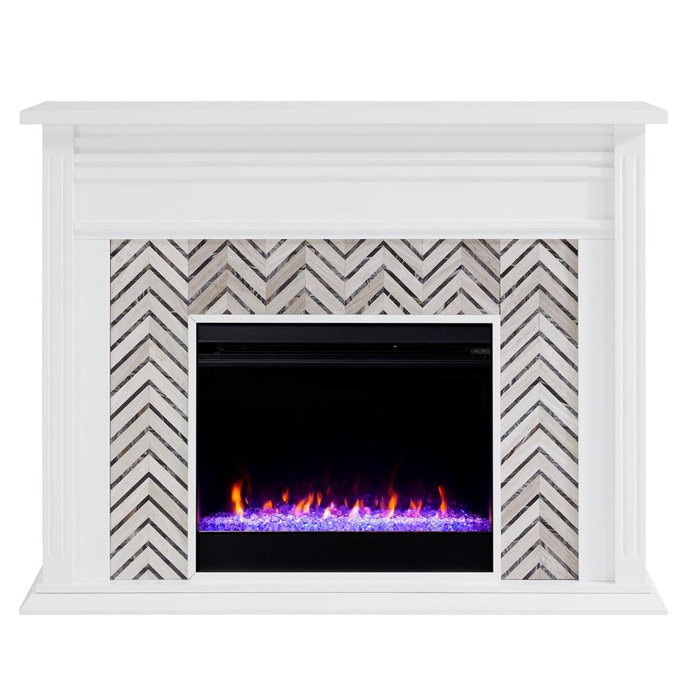 Southern Enterprises Merrin Tiled Marble Color Changing 50 in. Electric Fireplace in White and Gray, White and gray finish -  HD013695