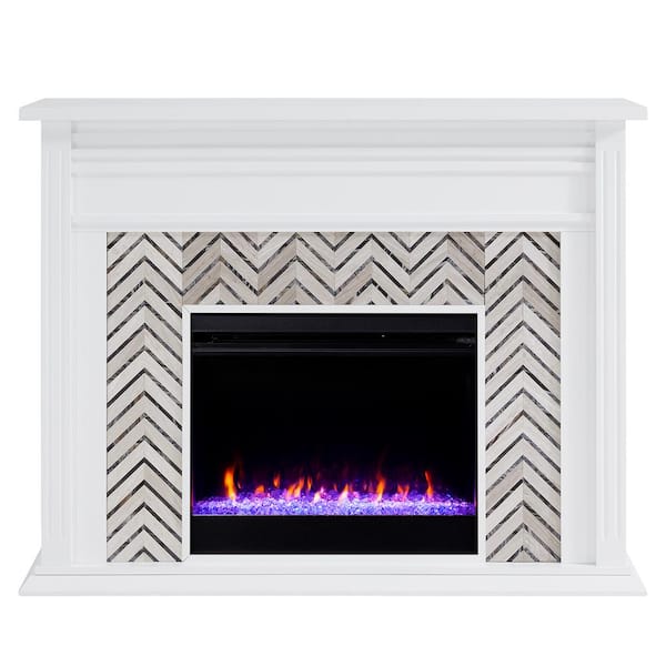 Southern Enterprises Merrin Tiled Marble Color Changing 50 in. Electric Fireplace in White and Gray