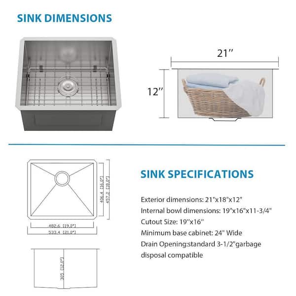 LORDEAR 21 in.W x 18 in. D x 12 in. H Stainless Steel Undermount