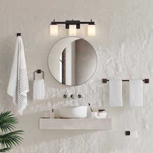 Caia 22.38 in. 3-Light Vanity Light with Frosted Glass Shades and Bathroom Hardware Set, Oil Rubbed Bronze (5-Piece)