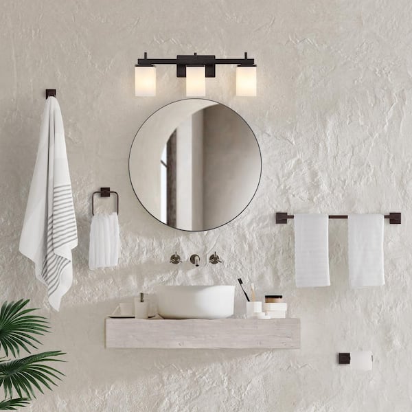Caia 22.38 in. 3-Light Vanity Light with Frosted Glass Shades and Bathroom Hardware Set, Oil Rubbed Bronze (5-Piece)