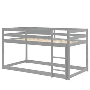 Twin Over Twin Floor Bunk Bed with Safety Guardrail and Climbing Ladder, Wood bunk bed Frame for Kids, Gray