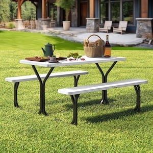 4.5 ft. Rectangular Outdoor Picnic Table Bench Set with 59 in. W Weatherproof Tabletop and Sturdy Steel Frame, White