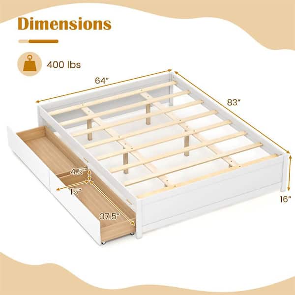 White Wooden Frame Queen Size Platform Bed frame with Rolling Storage Drawers Wood Slat Support