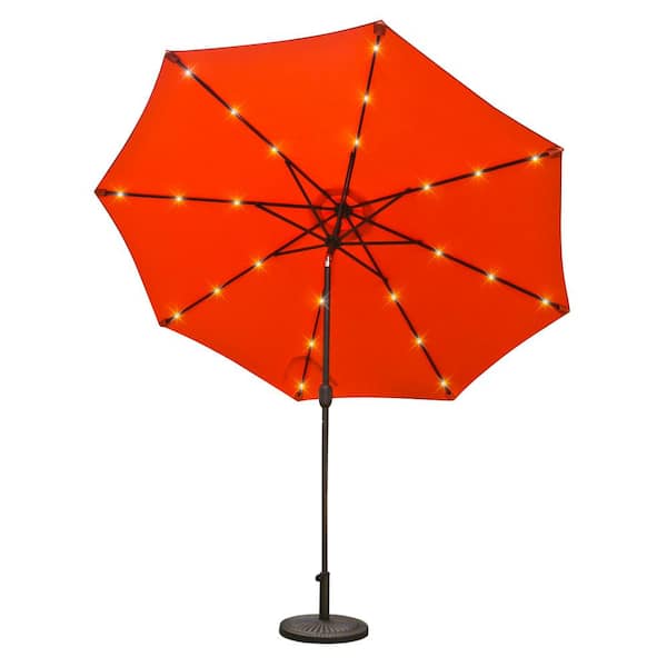 Kadehome 9 ft. Outdoor Beach Umbrella LED Solar Patio Umbrella with Tilt and Crank Without Base in Orange Red