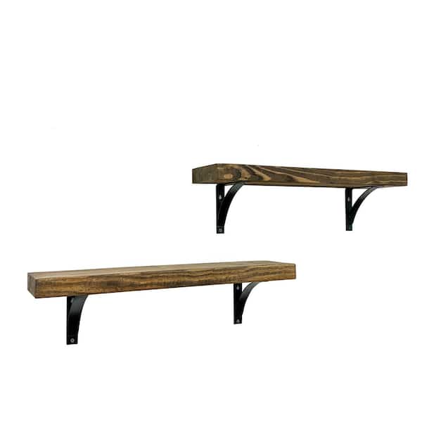 Intrinsic Haven Industrial Grace 24 in. W x 5.5 in. D Dark Brown Pine Wood (Set of 2) Simple Bracket Decorative Wall Shelf