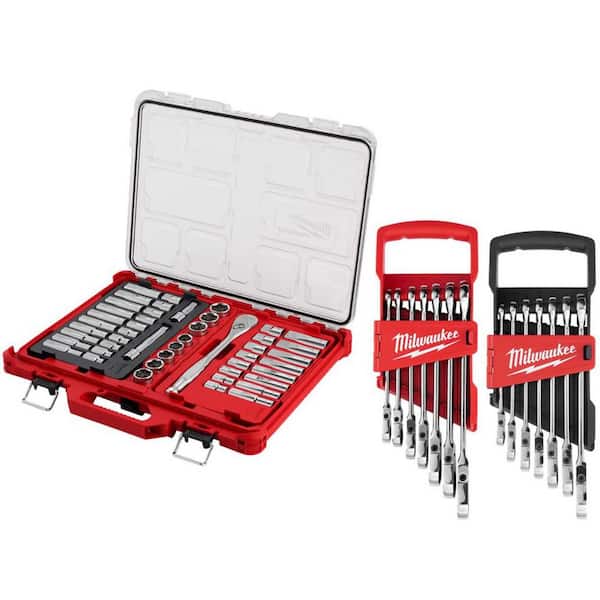 1/2 in. Drive SAE/Metric Ratchet & Socket Tool Set w/ Flex-Head Ratcheting Combination Wrench Set SAE/METRIC (61-Piece)