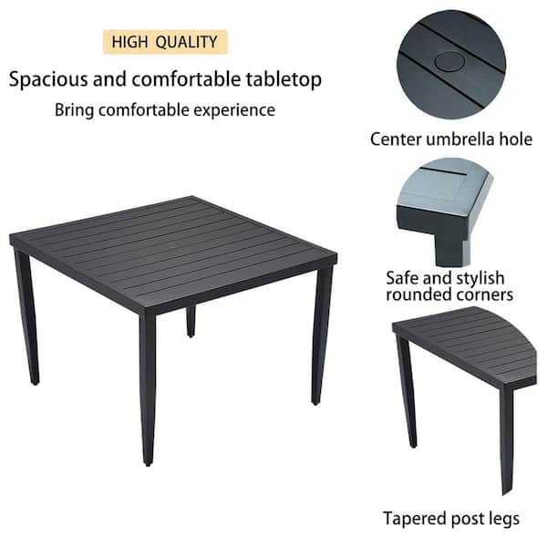 Black Outdoor Aluminum Square Patio Dining Table with Umbrella Hole and Tapered Feet