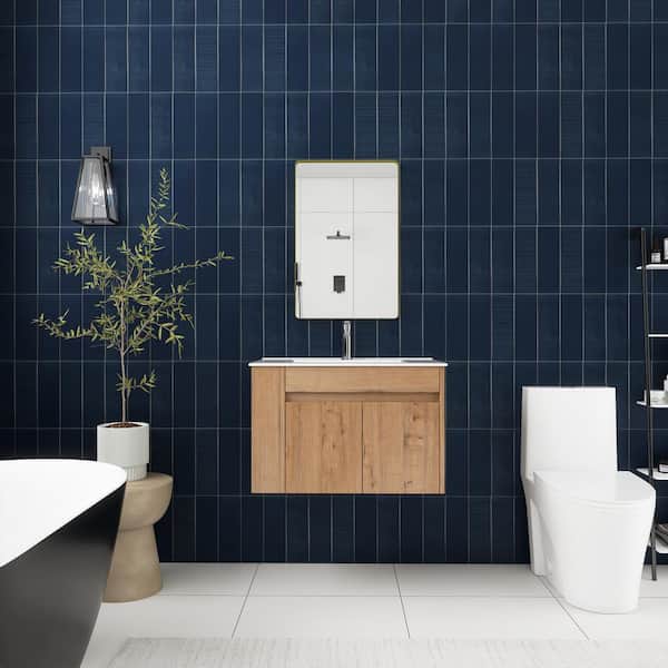Unbranded 30 in. W x 18 in. D x 20 in. H Wall Mounted Single Sink Bath Vanity in Imitative Oak with White Ceramic Top
