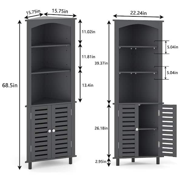 Space-Saving Corner Bathroom Storage Cabinet, 68.5 in. Freestanding Linen Tower with Open Shelves and Double Doors, Gray