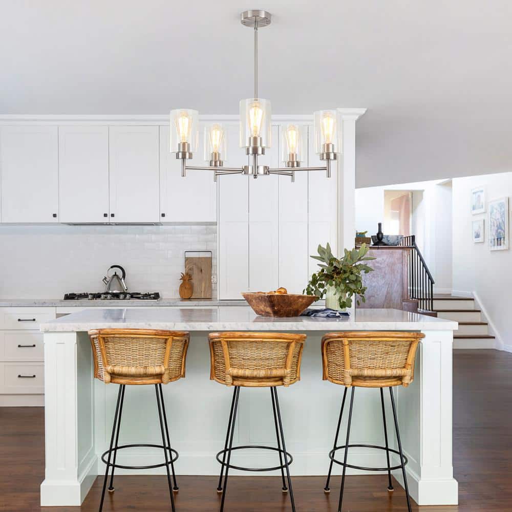 Nickel 5-Light Kitchen Island Chandelier with Clear Glass Shades