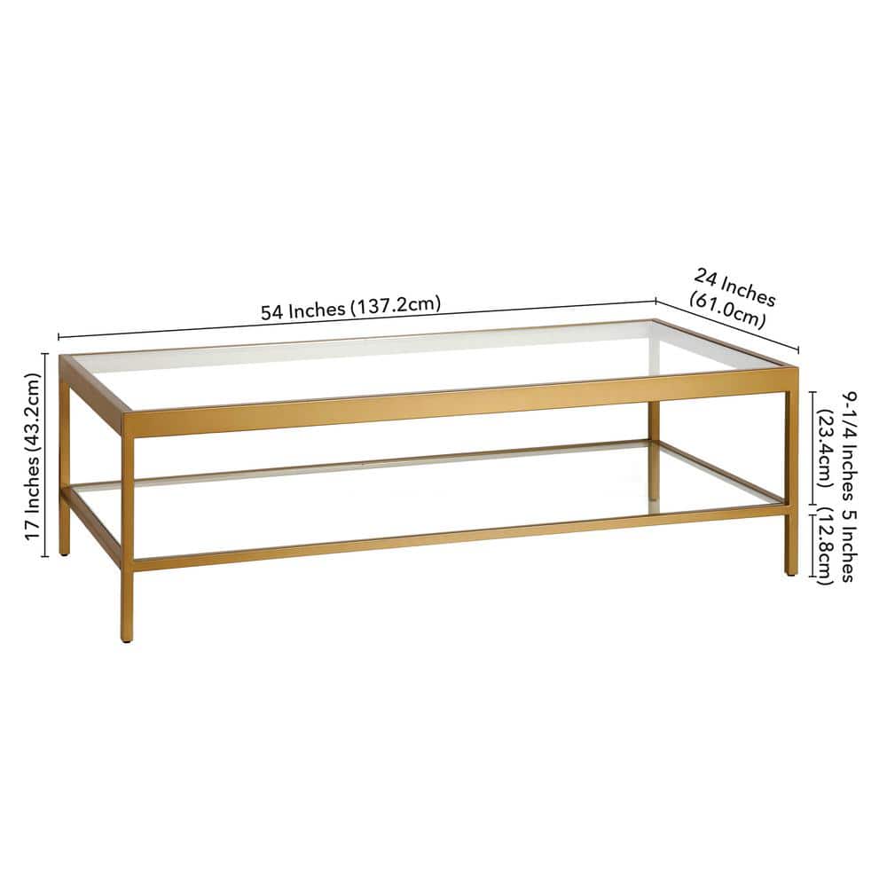 Modern Rectangular Metal & Glass Coffee Table with Shelf - Brass Finish