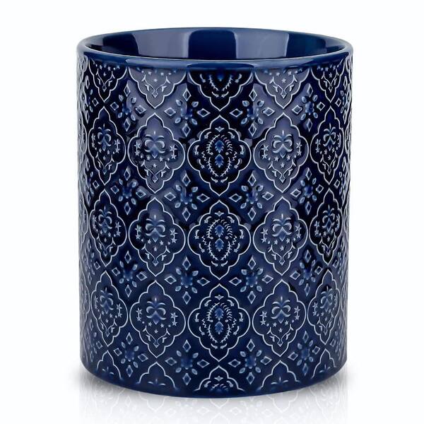 Blue Ceramic Utensil Holder for Countertop with Embossed Pattern, 6 x 7 in. Crock
