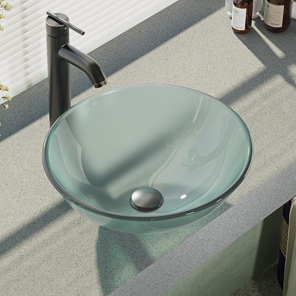 Rene Glass Vessel Sink in Frosted with R9-7001 Faucet and Pop-Up Drain in Antique Bronze