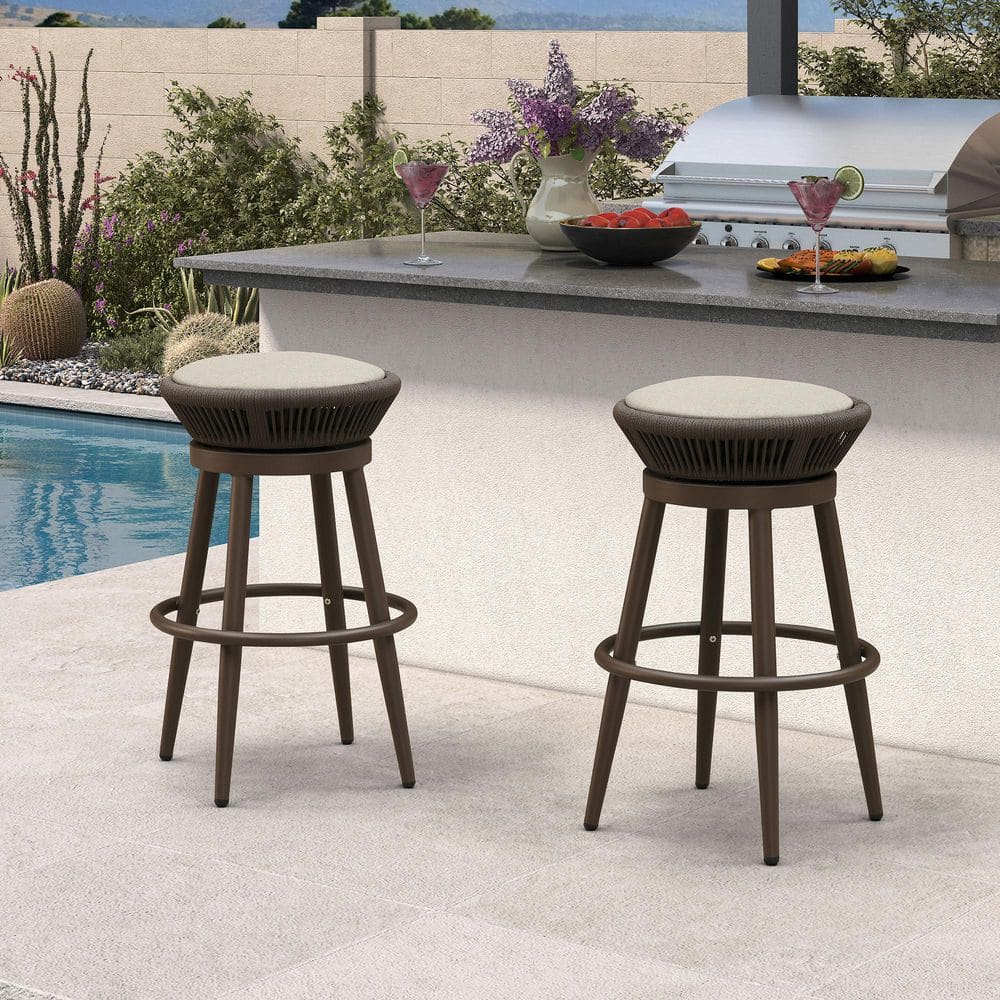 Modern Aluminum Backless Rattan Swivel Bar Height Outdoor Bar Stool with Cushion, Brown (2-Pack) price history on PriceWatchPro