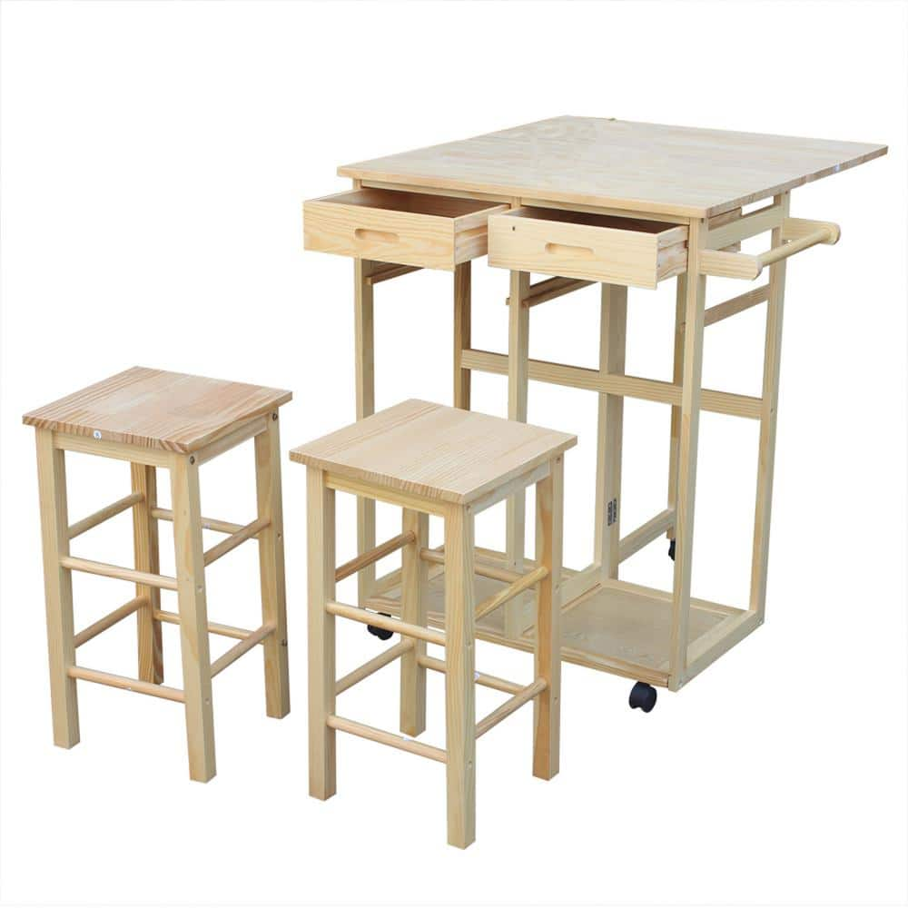 Karl home Wood Color Folding Square Solid Wood Kitchen Cart Dining Set with 2-Stools