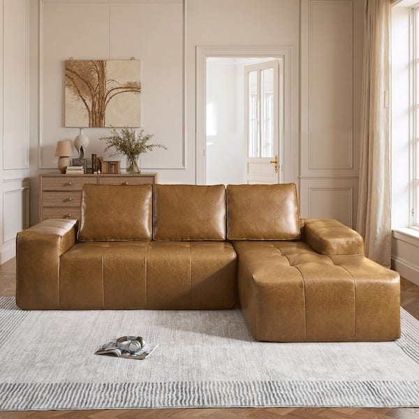 Brocz 114 in. Wide Arm 2-Piece Modern Faux Leather L-Shape Modular Sectional Sofa in Light Brown with Right Chaise