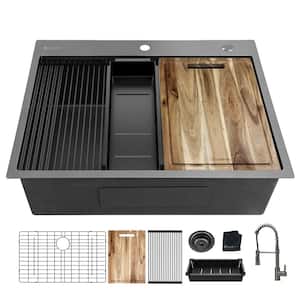 33 in. Drop-In Single Bowl 18 Gauge Gunmetal black Stainless Steel Workstation Kitchen Sink with Spring Neck Faucet