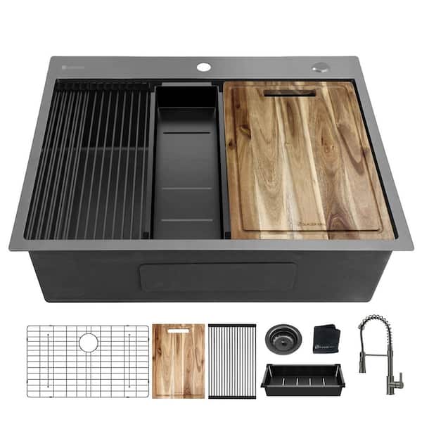 33 in. Drop-In Single Bowl 18 Gauge Gunmetal black Stainless Steel Workstation Kitchen Sink with Spring Neck Faucet