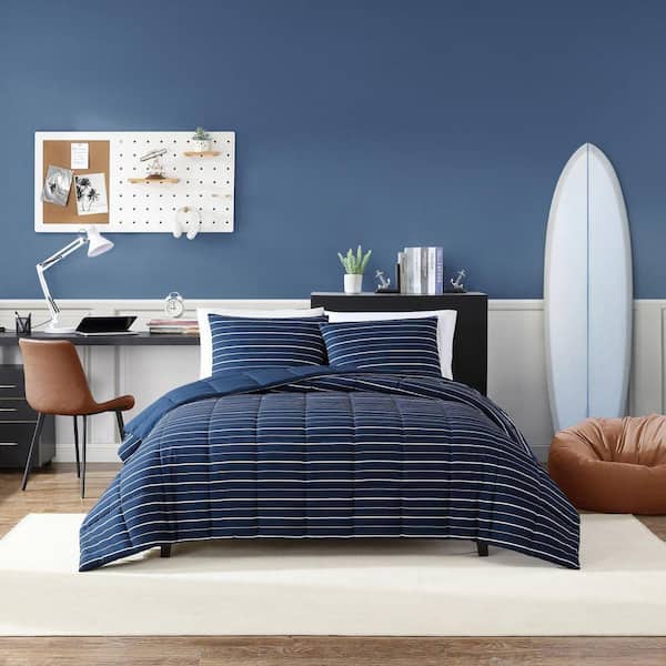 Nautica Longdale Solid Stripe 3-Piece Navy Blue Microfiber Full