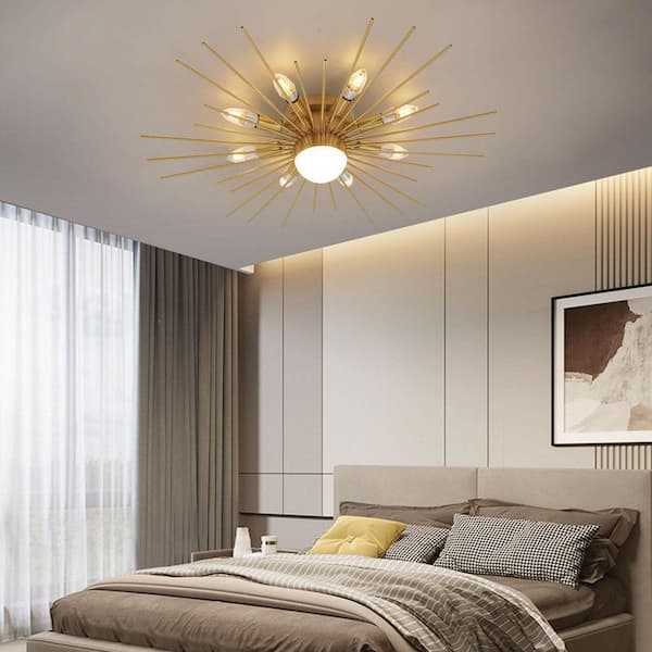JDL LED CLOCK② OUKANING 27.95 in. 8-Light Gold Modern Semi-Flush Mount Ceiling